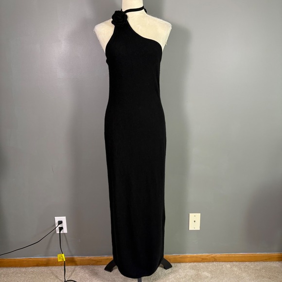 NWT Reformation Ilaria Cashmere Dress Women XL Black Rosette One Shoulder Maxi - Picture 2 of 10